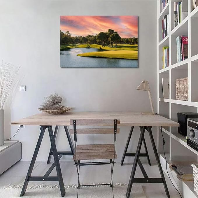 Sunset Golf Course Wall Art for Living Room Bedroom Bathroom Home Decorations Golf Course Picture Poster Print on Canvas Modern Artwork Framed Ready to Hang(12''H x 16''W)