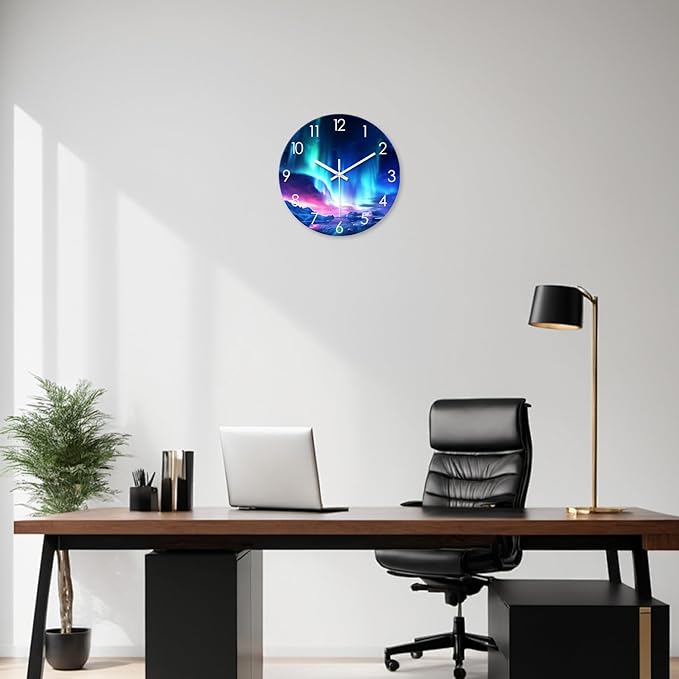XNM Glass Aurora 12 Inch Modern Teal Wall Clocks Battery Operated Round Wall Clocks for Living Room Wall Clock Silent Non Ticking