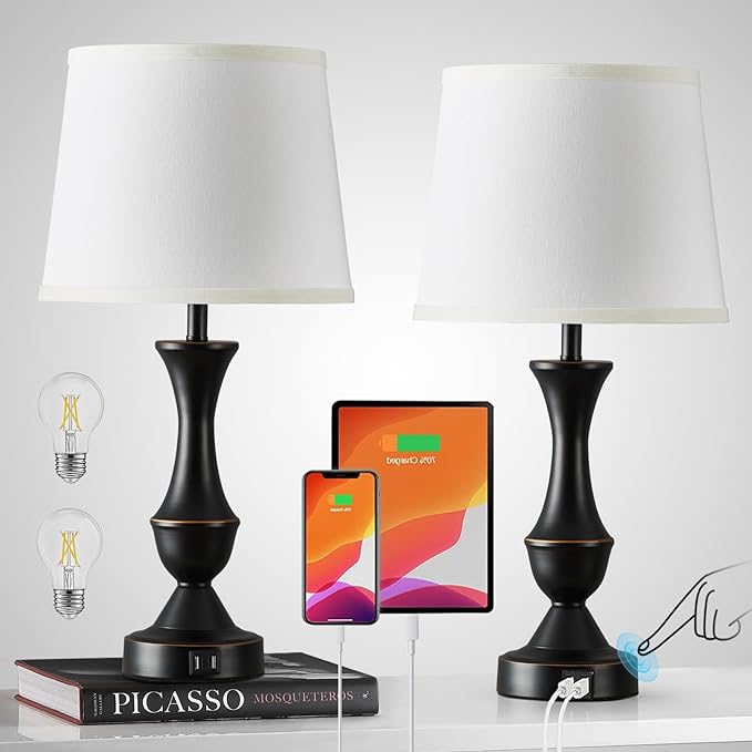 Touch Table Lamps Set of 2, 22" Tall Bedside Lamps with USB C+A Ports, 3-Way Dimmable Nightstand lamps, Table lamp for Bedrooms, Living Room, Office, Black Lamp with White Lampshade, Bulbs Included