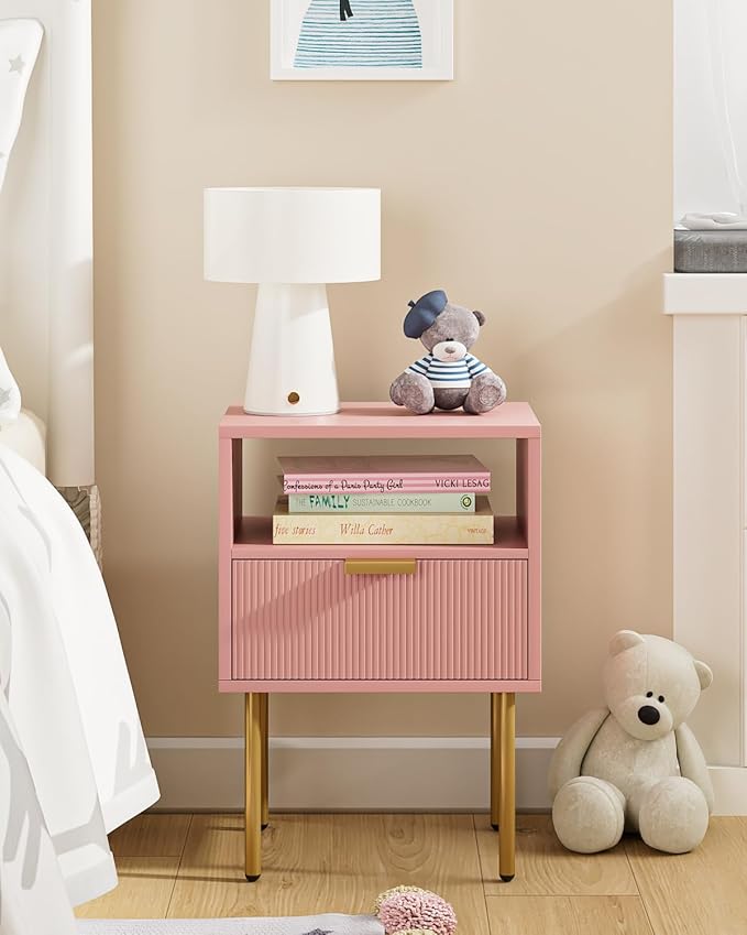 Nightstand,Morden Bedside Table with Gold Frame,Small White Night Stand,End Table,Bedside Furniture,Side Table with Drawer and Shelf for Bedroom,Living Room (1Drawer, Pink)