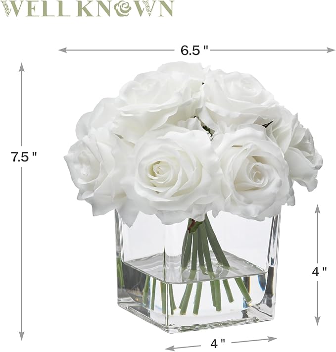 WELL KNOWN Rose Artificial Flowers in Vase with Faux Water, Ivory White Silk Rose Table Centerpieces for Home Coffee Table Decor, Fake Roses Flower Arrangements for Office Hotel Lavatory Decor