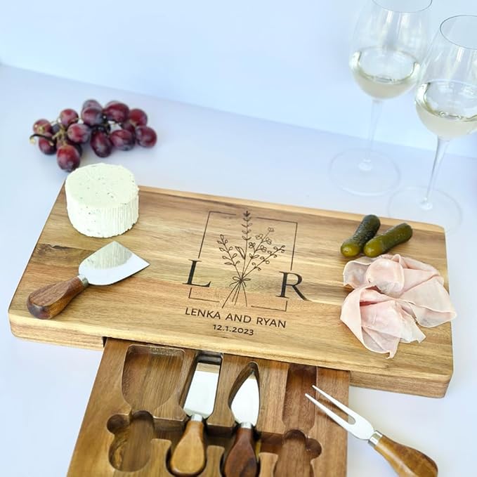 Personalized Charcuterie Board with Cheese Knives - Custom Engraved Cutting Board Set - Wedding Gift, Anniversary, Houswarming Gift for Couple - Acacia Wood Cheese Tray with Drawers
