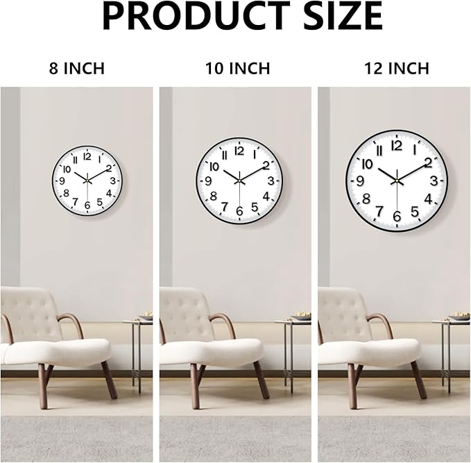 Black Wall Clock, 8 Inch Wall Clocks Battery Operated, Round Modern Non Ticking Silent Digital Analog Small Wall Clock for Bedroom Living Room Kitchen Office Gym Classroom Outdoor Clocks