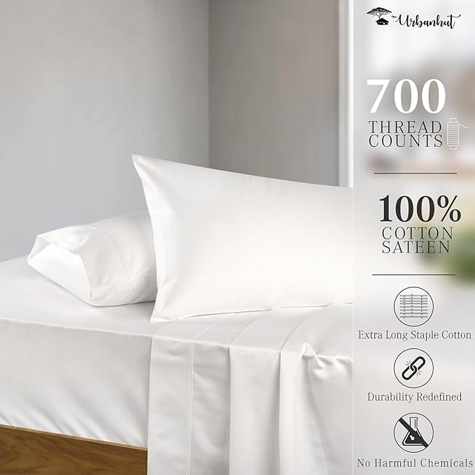 URBANHUT 700 Thread Count Egyptian Cotton Sheets Full Size, 4Pc Sheet Set Soft Luxury Bed Sheets for Full Size Bed, Sateen Weave Hotel Sheets, 16'' Elasticized Deep Pocket - White