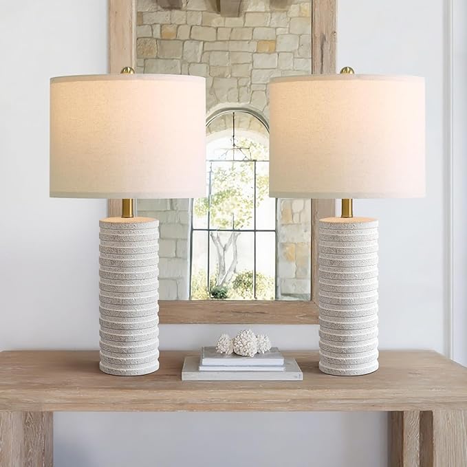 PoKat 27" Farmhouse Ceramic Table Lamps Set of 2 for Bedroom, Stone-Like Rustic Nightstands Lamps for Night Stands, Distressed Neutral Bedside Lamps with Natural Textured for Living Room, Home Decor