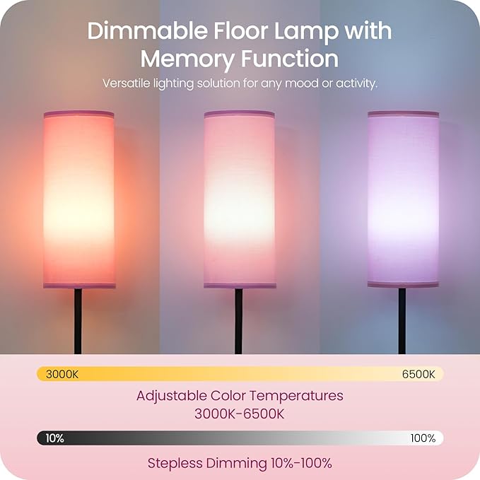 Dimmable Pink Floor Lamp for Living Room with Remote and Foot Switch, Corner Floor Lamp for Bedroom, 66" Standing Tall Lamp, 10W 900LM Bulb Included, 3000K-6500K, Linen Shade, FCC Listed P06LD05W1