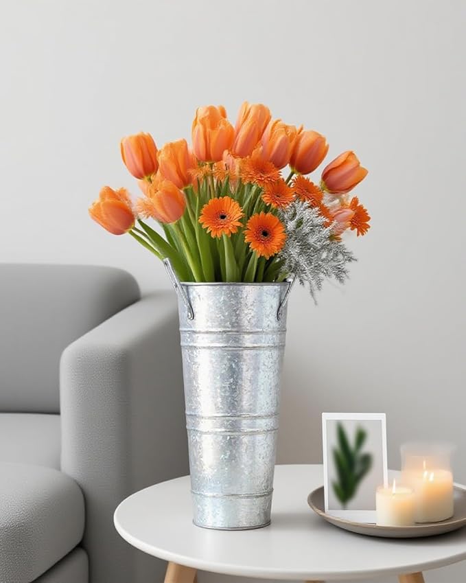 12 Inch Galvanized Flower Buckets - 8 PCS Galvanized Metal Vases for Flowers Tin Flower Holders for Home Decor Wedding Centerpieces Indoor Outdoor Use