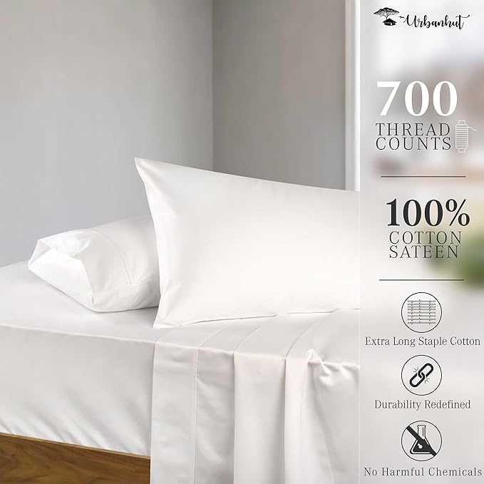 URBANHUT 700 Thread Count Egyptian Cotton Sheets Twin Size, 4Pc Sheet Set Soft Luxury Bed Sheets for Twin Size Bed, Sateen Weave Hotel Sheets, 16'' Elasticized Deep Pocket - White