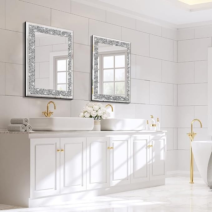 Rectangle Sparkling Decorative Wall Mirror for Home Decoration with Silver Crystal Crush Diamond Décor, Dimention16x20x1 inch, Wall Hang Frameless Mirrors Glass Diamond Décor.
