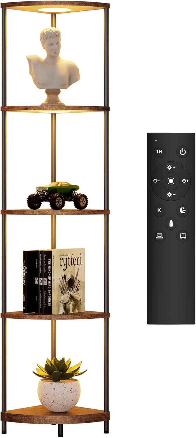 Corner Shelf with RGBCW LED Light, 64.5” Tall Floor Lamp Narrow Bookshelf Organizer, Standing Shelves with Metal Pole, Display Storage Rack for Wall Corner, Living Room, Bedroom, Office Décor, Brown