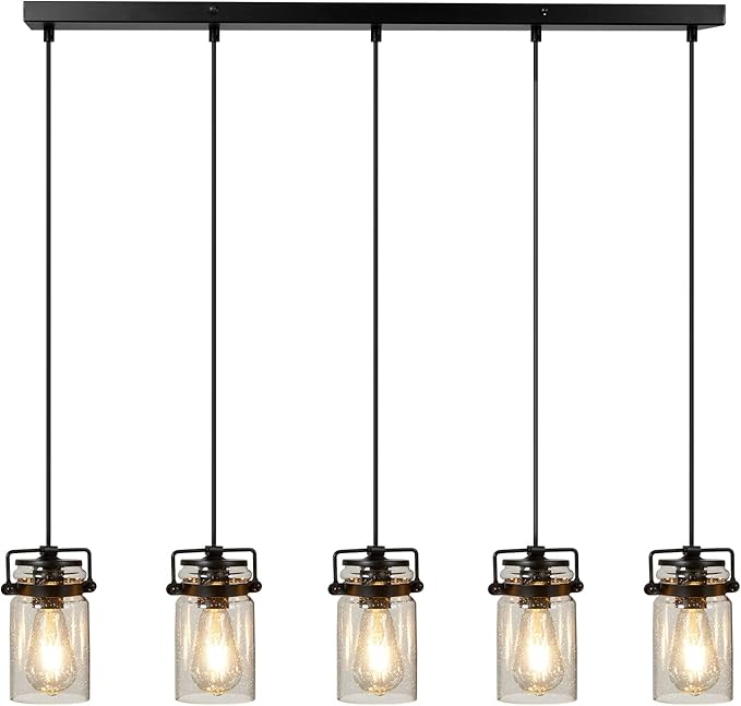 Pendant Light Kitchen Island Lighting, 5-Light Pendant Ceiling Light Fixture, 67.71 inches Hanging with Clear Glass Shade,Farmhouse Chandeliers for Dining Room Bedroom Hallway - Black