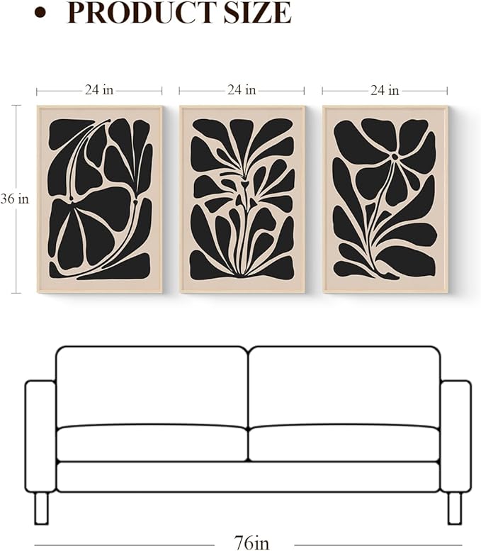 VIYYIEA Large Framed Canvas Wall Art, 24x36in Set of 3, Black White Abstract Floral Art Painting for Living Room Bedroom Office, Above of Bed Modern Minimalist Decor, Big Oversized Vertical Artwork