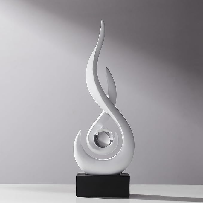 FJS White Modern Flame Statue Home Decorations for Living Room, 13.7" H Resin Sculptures Home Décor Accents, Abstract Art Sculpture for Dining Room Office Coffee Table Centerpiece