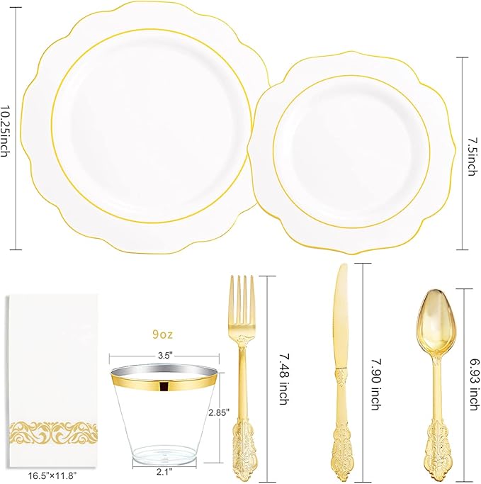NOCCUR 175PCS Gold Plastic Plates with Disposable Silverware - White Gold Plastic Tableware Include 25 Dinner /25 Dessert Plates, 75 Cutlery, 25 Cups, 25 Napkins - Ideal for Party&Thanksgiving