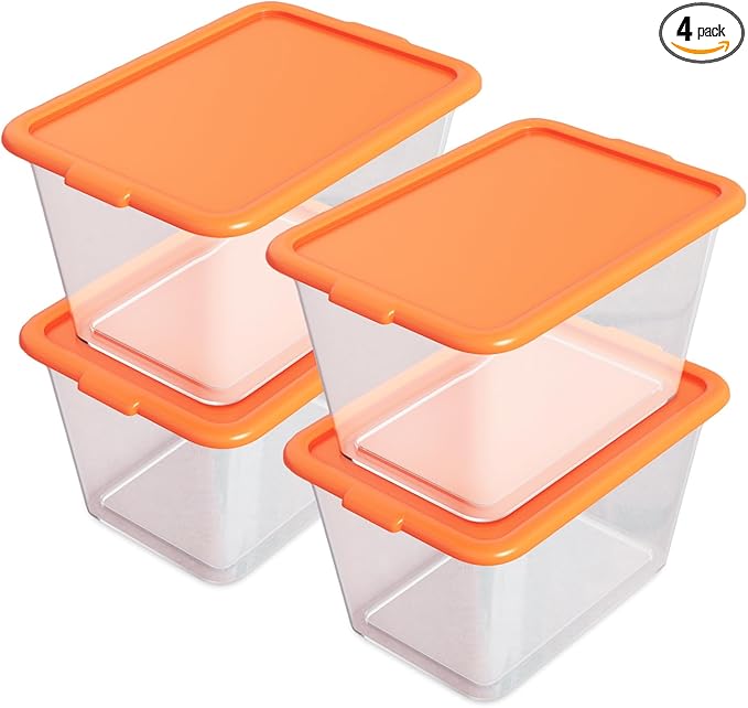 Storage Totes with Lids - Made in USA 14.5-Gallon (58-Quart) 4-Pack storage bins with lids plastic storage containers large storage boxes for Organizer Orange/Clear
