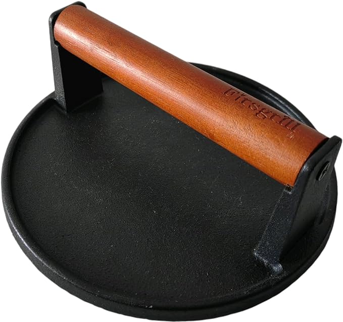 Cast Iron Grill Presses with Wood Handle (Round & Rectangle w Flat Bottom)