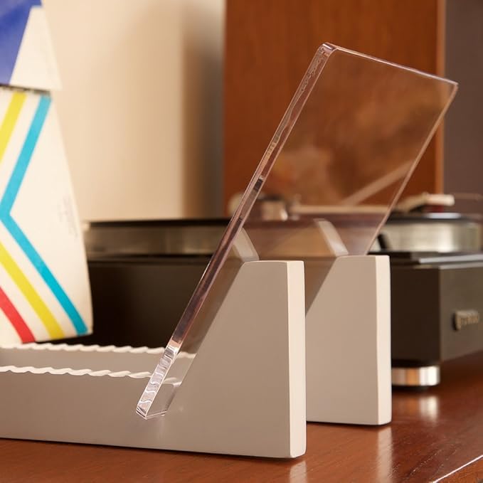 KAIU Vinyl Record Storage - Solid Wood with Crystal Clear Acrylic Holder - Premium Design, Perfect 12" LPs or 7" Singles Display Unit - Stores and Supports up to 50 Albums (Modern White)