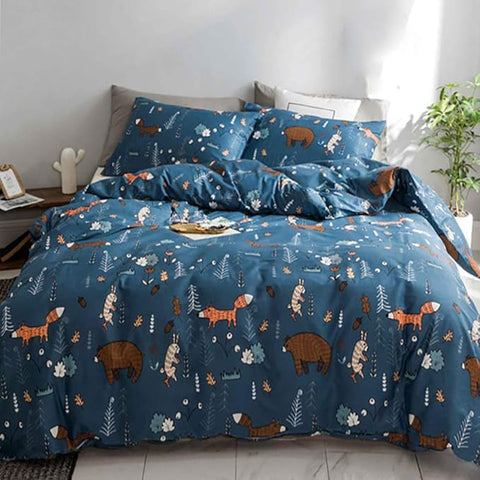 CLOTHKNOW Kids Comforter Sets Twin/Twin XL Blue Animal Woodland Bedding Comforter Sets Cartoon Forest Fox Rabbit Comforter with 2 x Pillow Cases