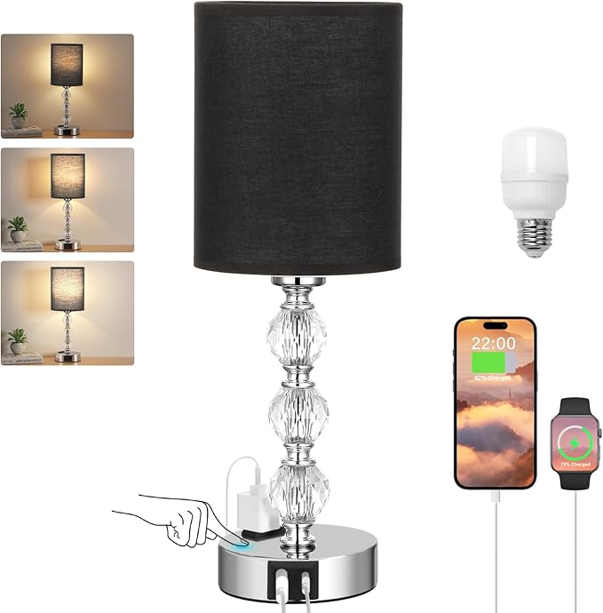 Black Touch Bedside Lamps for Bedrooms - Crystal Table Lamp with USB C+A Charging Port and AC Outlet Nightstand, 3 Way Dimmable Silver Small End Side Table Lamp for Living/Guest/Dinning Room/Kitchen