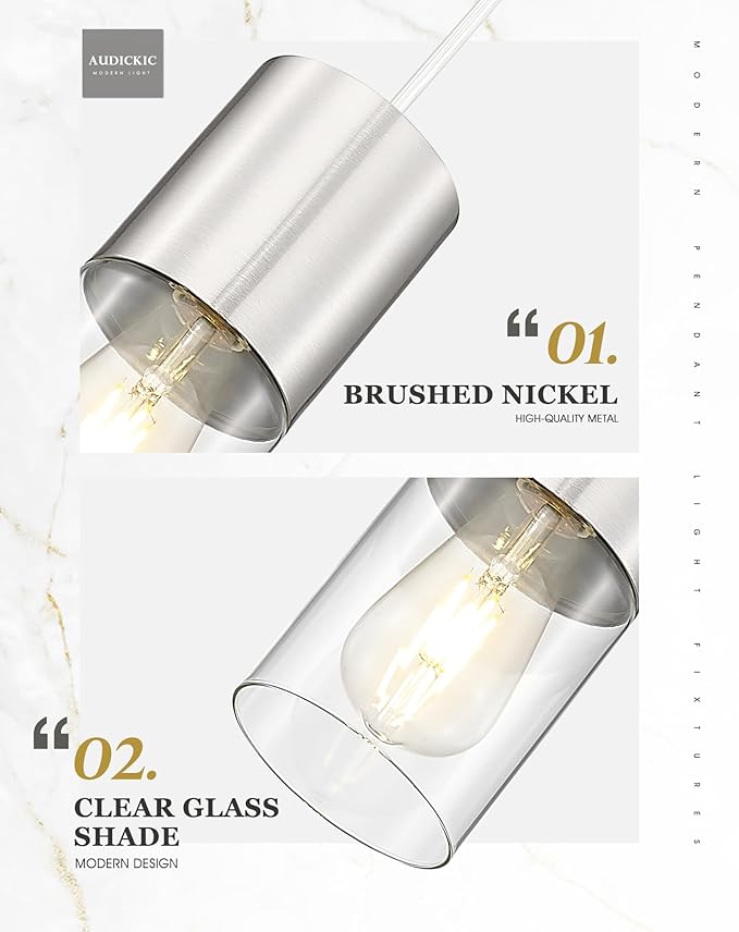 2-Pack Pendant Lights Kitchen Island, Brushed Nickel Hanging Lights Fixtures with Cylinder Clear Glass, Industrial Kitchen Pendant Lighting Over Island for Dining Room, AD-24023-1P2-SN