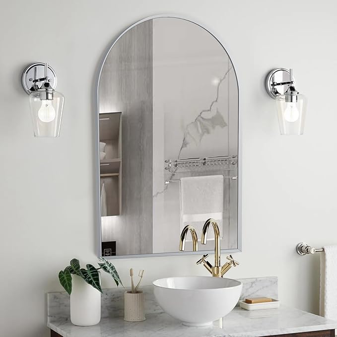 20" x 30" Silver Arched Mirror, Modern Aluminum Alloy Metal Frame, Arch Bathroom Vanity and Wall Decor Mirror for Bathroom, Living Room, Bedroom, Entryway