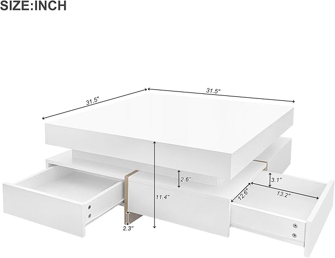Modern Coffee Table with Storage, Contemporary Square Coffee Table with Drawers, High Gloss Modern Center Table for Living Room, Reception Room, Office, White, 31" D X 31" W X 11" H