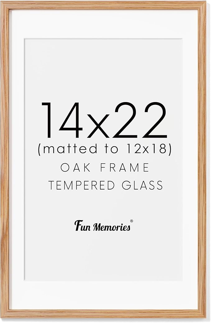 14x22 Oak Wood Picture Frame, 14"x22" Picture Frame Matted to 12"x18", Photo Frame 14 x 22 with Real Glass, 14x22 Wood Frame for Vertical or Horizontal Hanging (Natural Oak Color, 1 Pack)