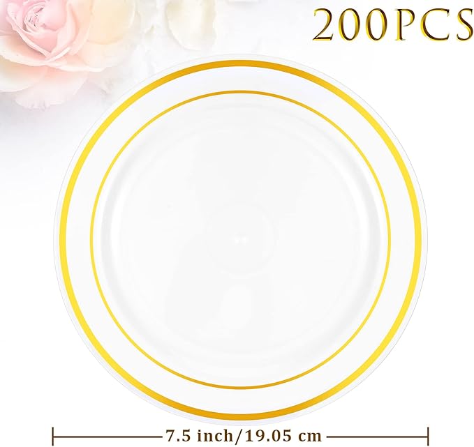 200 Pieces Disposable Plates Plastic Party Plates with Rim Hard Plastic Appetizer Salad Dessert 7.5 Inch Elegant Heavy Duty Tableware for Dinner Wedding Party Supplies(Gold Rim)