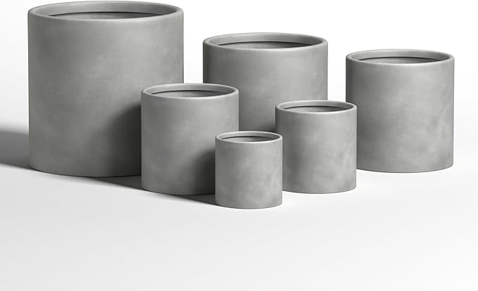 DTY Signature Mount Powell Fiberstone Planter - 16 Inch Extra Large Gray Cylindrical Mid-Century Modern Home Decor Indoor & Outdoor Plant Pot - Durable Planters for Indoor Plants, Outdoor Spaces