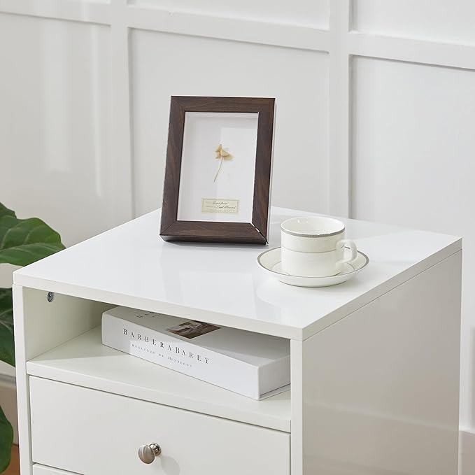 White Nightstand with 2 Drawers and Open Shelf Wooden Bed Side Table Storage Night Stand for Bedroom, Living Room