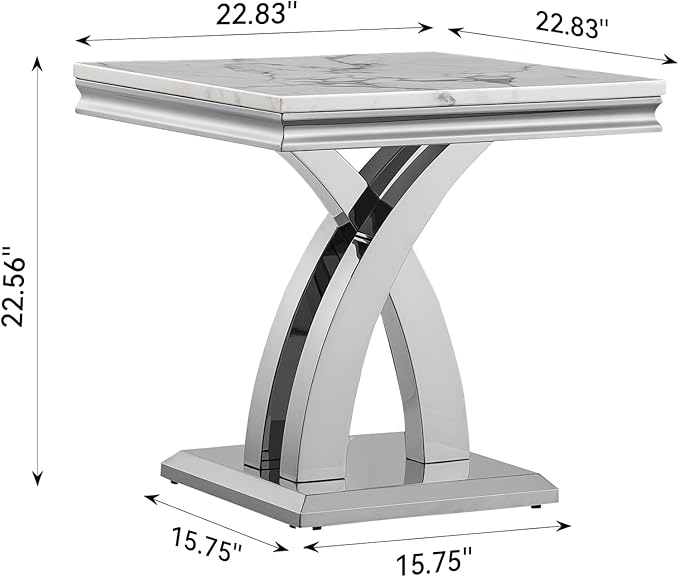 Modern Marble End Table, White and Silver Side Table with X Stainless Steel Base, Luxury Faux Marble Top Accent Bed Side Table Sofa Table for Living Room, Bedroom