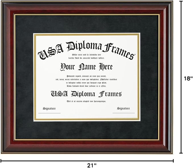 Glossy Cherry Mahogany with Gold Trim Diploma Frame & Black Suede Matting (ONLY fits 11x14 documents or certificates)