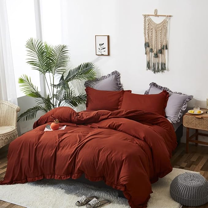 CLOTHKNOW Rust Ruffles Queen Comforter Set Farmhouse Fluffy Bedding Comforter Sets Burnt Orange Comforter Soft Shabby Chic Comforter Vintage Rustic Bedding Sets