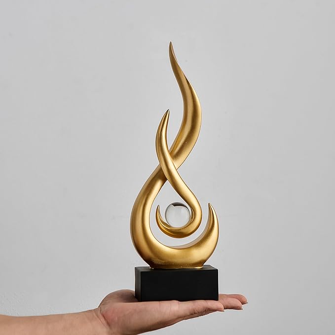 FJS Gold Decor Modern Flame Statue Home Decorations for Living Room, 11.8" H Shelf Decor Accents, Abstract Art Resin Sculpture for Dining Room Office Coffee Table Centerpiece