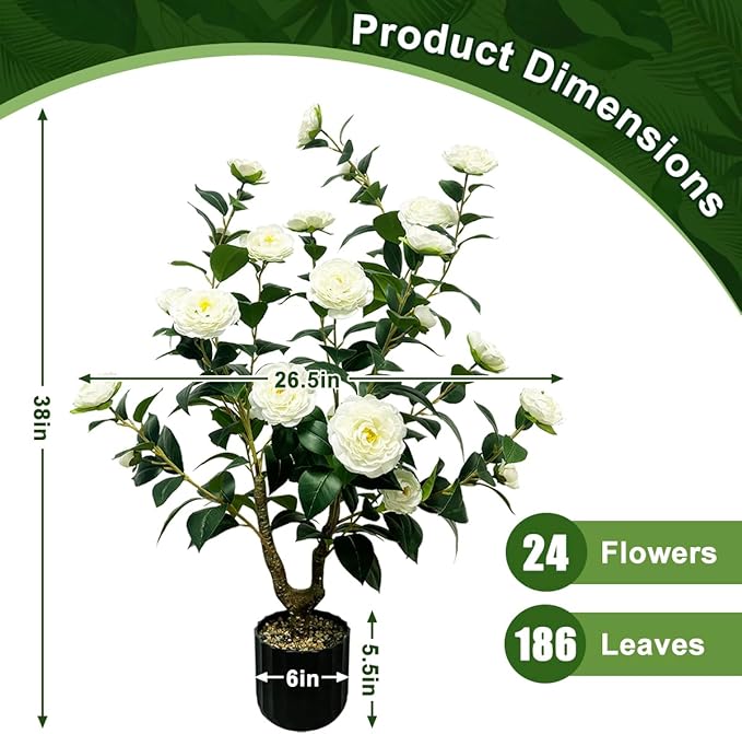 Tall Artificial 2Pack White Camellia Tree Potted Bushes UV Resistant Potted Plants for Indoor Outdoor Home Garden (2Pack White Camellia Tree)