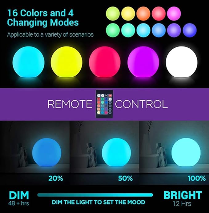 LOFTEK 12-inch LED Dimmable Light Ball: Waterproof Floating Pool Lights with Remote, 16 Colors Sphere Night Light, Cordless & Fast Chargeable, Sensory Toys for Kids, Home, Party, Pool Decor