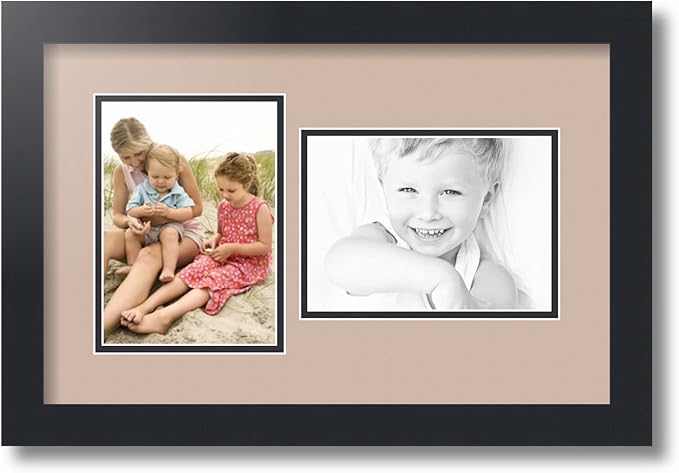 ArtToFrames Collage Photo Frame Double Mat with 2-5x7 inch Openings with Black Frame and Grey Beige Top Mat