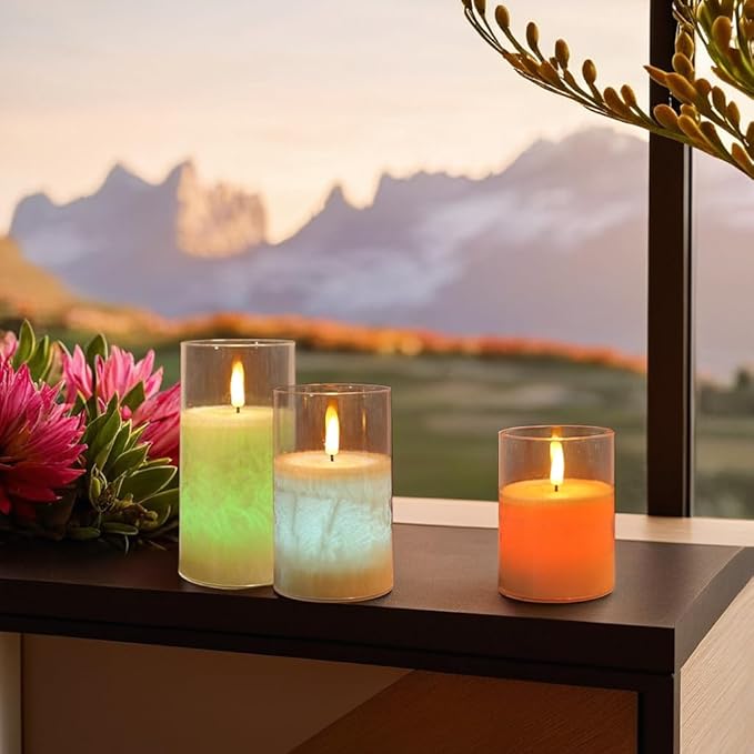 NICEME 3PCS LED Multi Colored Flameless Candles Acrylic Pillar Battery Operated Flickering Flame Color Changing Candles with Remote Control Real Wax Electric Fake Candles Ice Crystal, D3” x H4” 5" 6"
