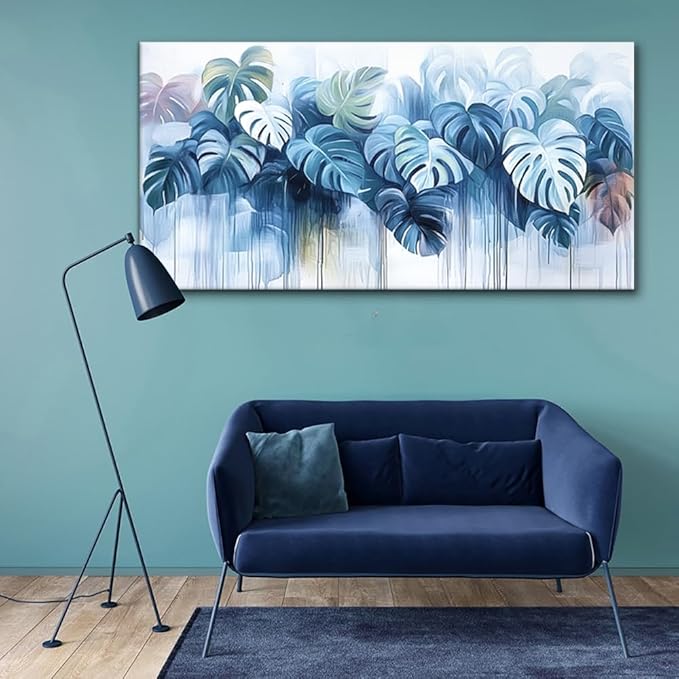 Navy Blue Plant Wall Art for Living Room Office Canvas Painting Prints Nature Artwork Dining Room Bedroom Decor (16x30 Inches)