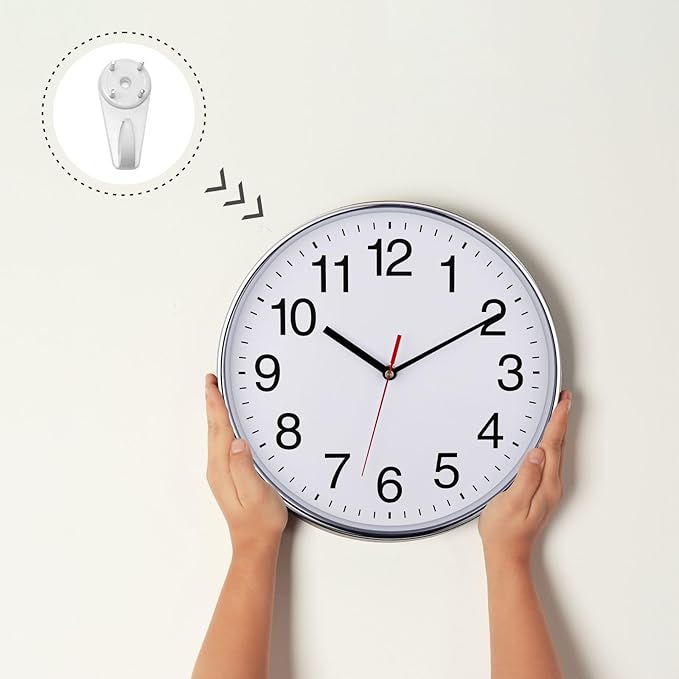 Plumeet Silent Wall Clock - 12" Non Ticking Quartz Black Wall Clocks - Simple Design Wall Clocks for Living Room Decor, Battery Operated, Chrome