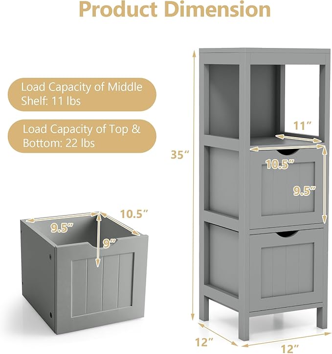 Tangkula Small Bathroom Storage Cabinet with 2 Removable Drawers, Wood Freestanding Floor Cabinet for Bathroom, Anti-Tipping Device, Side Corner Cabinet for Small Spaces (Grey)