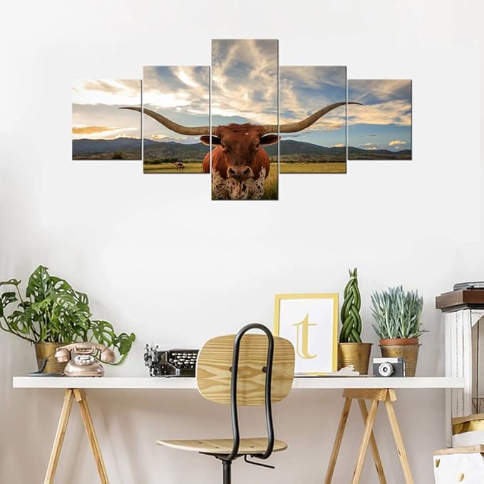Modern Longhorn Wall Decor Artwork Longhorn Steer in Rural Utah Picture Prints on Canvas Wall Art Modern Animal Giclee Artwork Stretched and Framed Ready to Hang for Home Decor - 50''W x 24''H