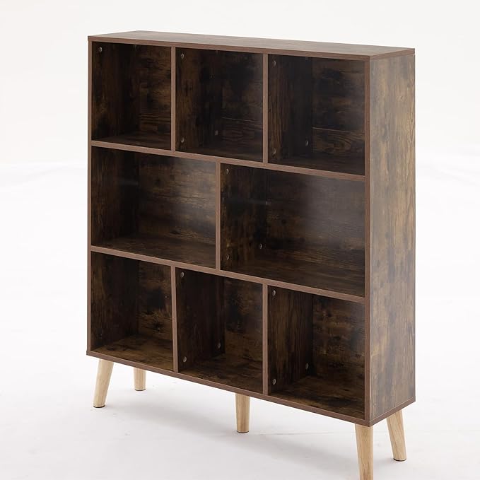 8 Cube Wood Bookshelf, 3 Tier Modern Bookcase with Legs, Open Display Cubby Bookshelf Freestanding Book Shelves for Home Office, Living Room, Bedroom, Brown