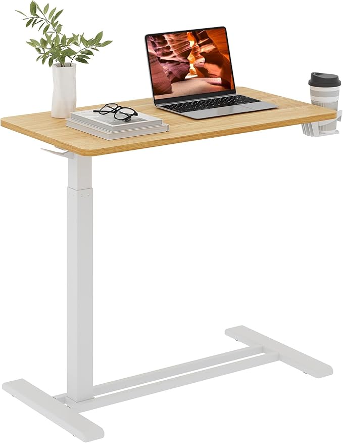 Medical Overbed Adjustable Bedside Table with Hidden Casters, Pneumatic Mobile Rolling Laptop Standing Desk with Tray for Home and Hospital Use, Maple