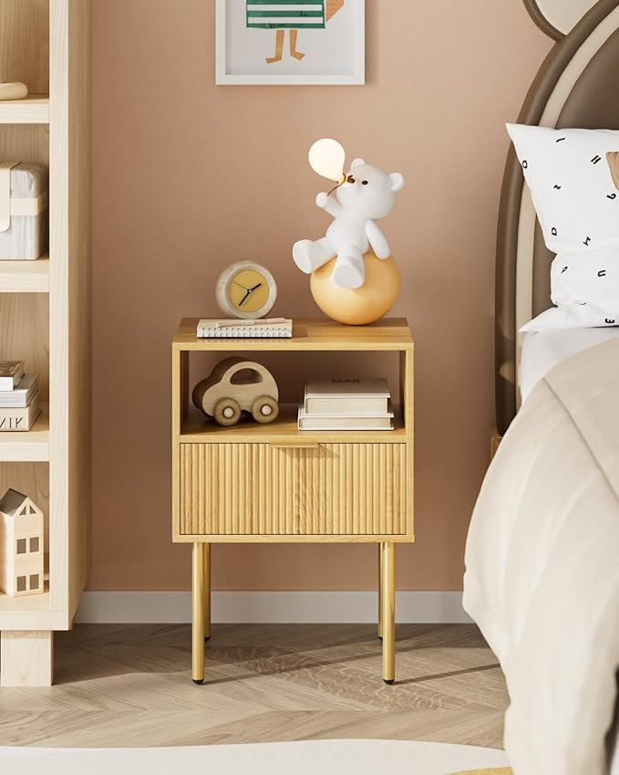 Nightstand,Morden Bedside Table with Gold Frame,Small White Night Stand,End Table,Bedside Furniture,Side Table with Drawer and Shelf for Bedroom,Living Room (1Drawer, Oak)