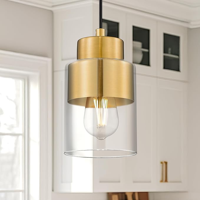 Gold Pendant Lights Kitchen Island, Dual Shade Hanging Lights Fixtures with Metal and Clear Glass, Modern Brass Kitchen Pendant Lighting Over Island for Dining Room, AD-24022-1P-GD