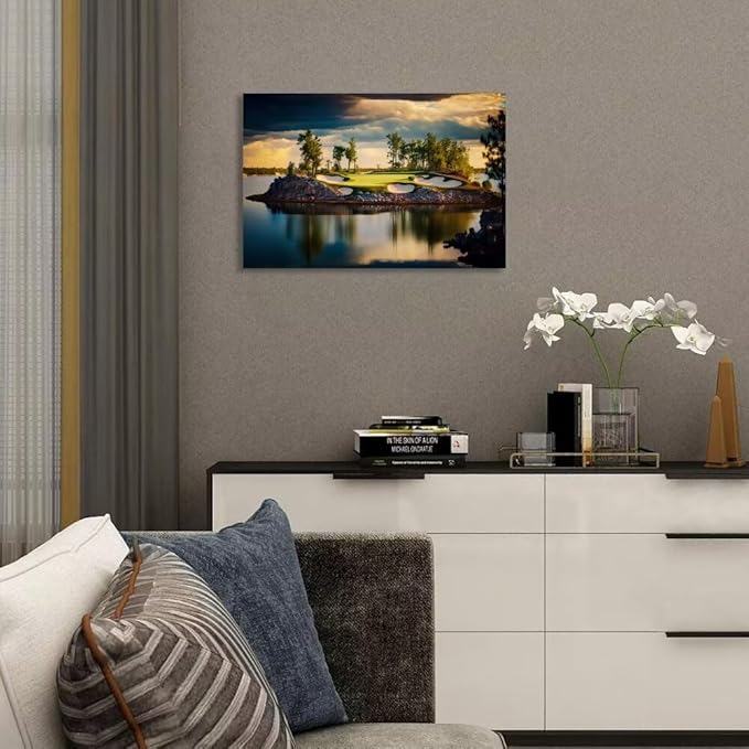 chenchenArt Sunset Landscape Golf Course Wall Art Picture Golf Course Wall Decor for Living Room Bedroom Bathroom Home Decorations Canvas Prints Framed Ready to Hang(18''H x 24''W)