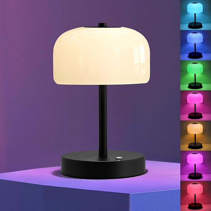 Oneach 9" Cordless Table Lamp, Portable Rechargeable Battery Powered Lamp, 3 Color Temperatures and 7 RGB Colors, Small Touch Mushroom Lamps for Bedroom Restaurant Cafe Bar Patio