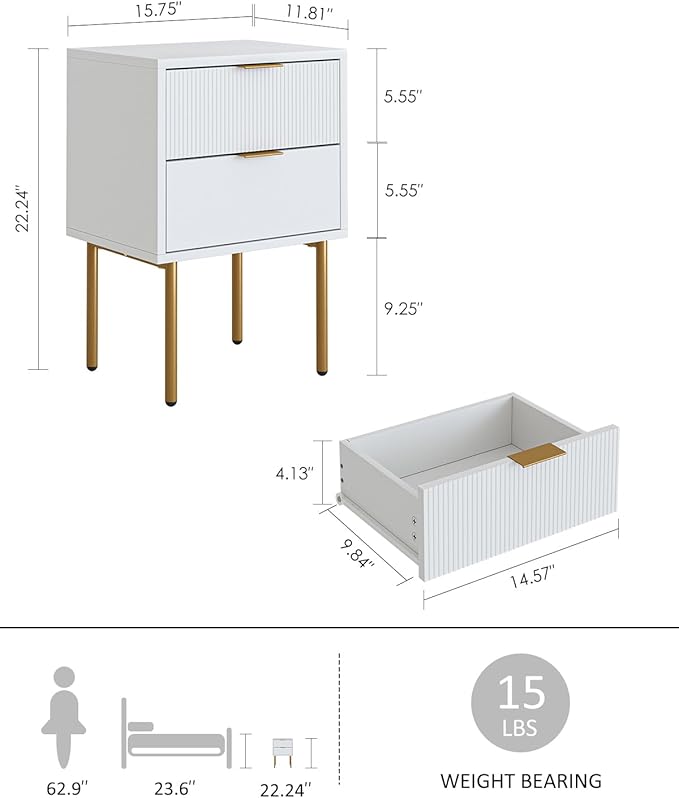 Nightstand,Morden Bedside Table with Gold Frame,Small White Night Stand,End Table,Bedside Furniture,Side Table with Drawer and Shelf for Bedroom,Living Room (2Drawers, White)