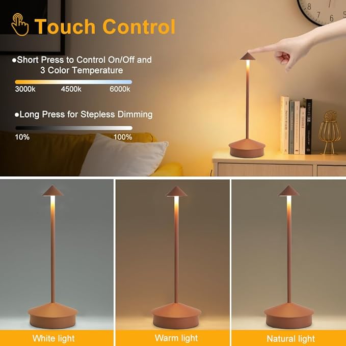 LED Cordless Table Lamps Set of 2, Portable Rechargeable 6000mAh Outdoor Camping Table Lamp,3 Color Stepless Dimming Battery Powered Lamp, Table Light for Dinner/Patio/Restaurant/Bedroom (Brown)